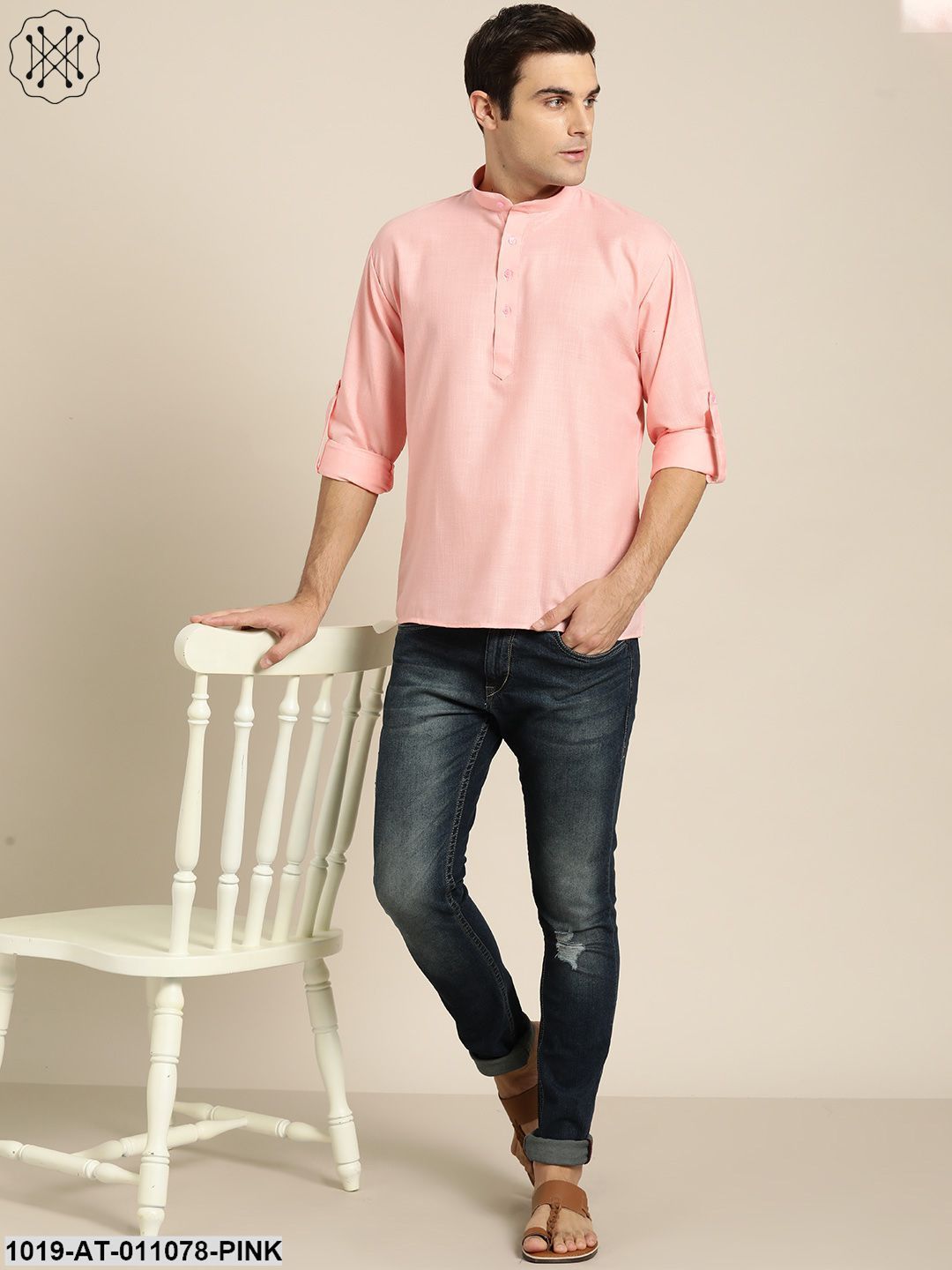 Men's Cotton Pink Solid Short Kurta