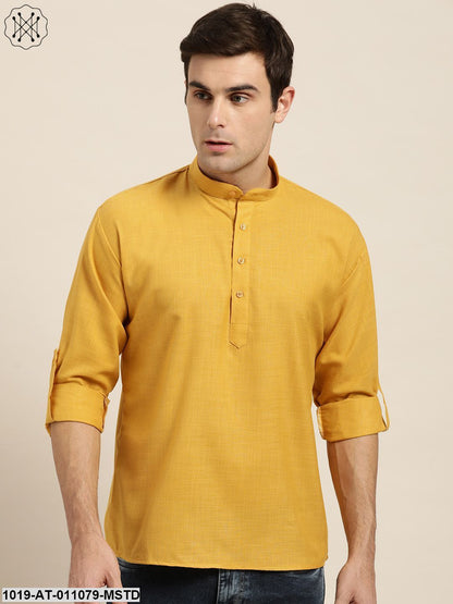 Men's Cotton Mustard Solid Short Kurta