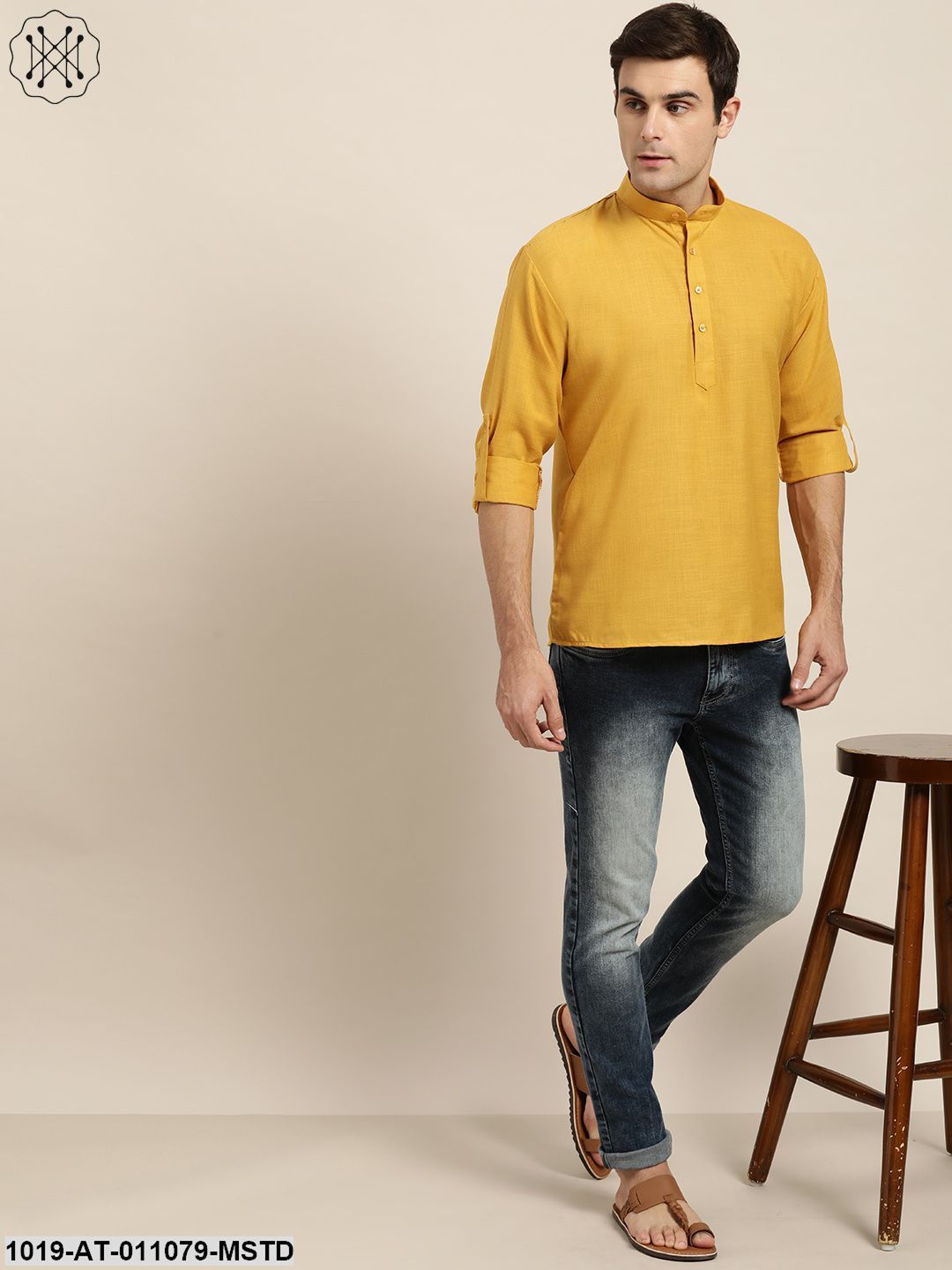 Men's Cotton Mustard Solid Short Kurta