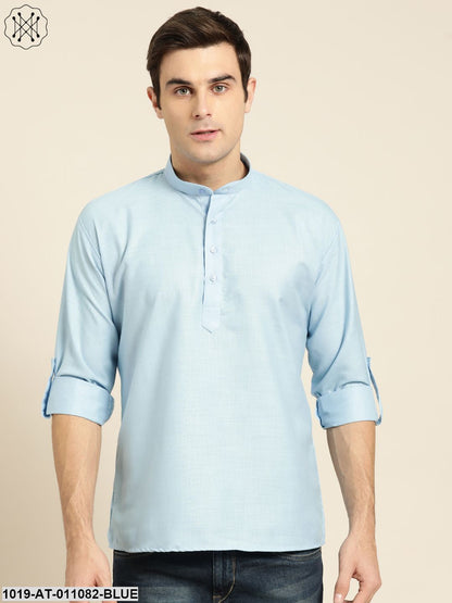 Men's Cotton Blue Solid Short Kurta