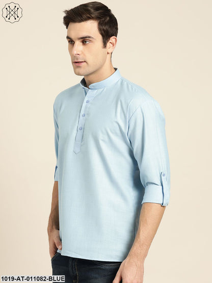 Men's Cotton Blue Solid Short Kurta