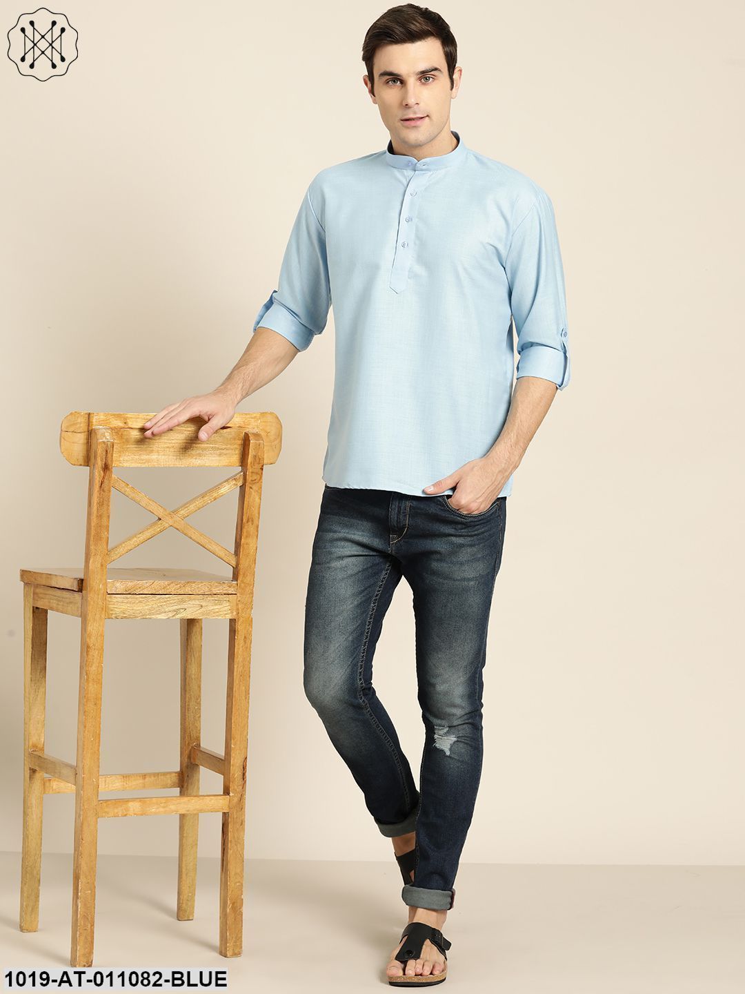 Men's Cotton Blue Solid Short Kurta