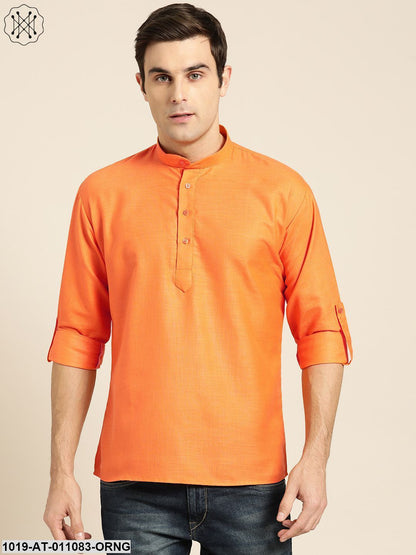 Men's Cotton Orange Solid Short Kurta