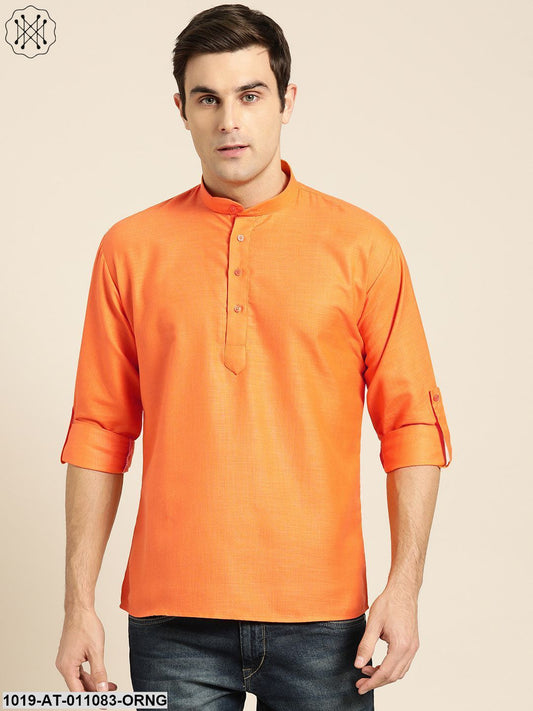 Men's Cotton Orange Solid Short Kurta