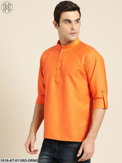 Men's Cotton Orange Solid Short Kurta