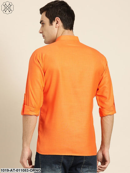 Men's Cotton Orange Solid Short Kurta