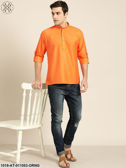 Men's Cotton Orange Solid Short Kurta