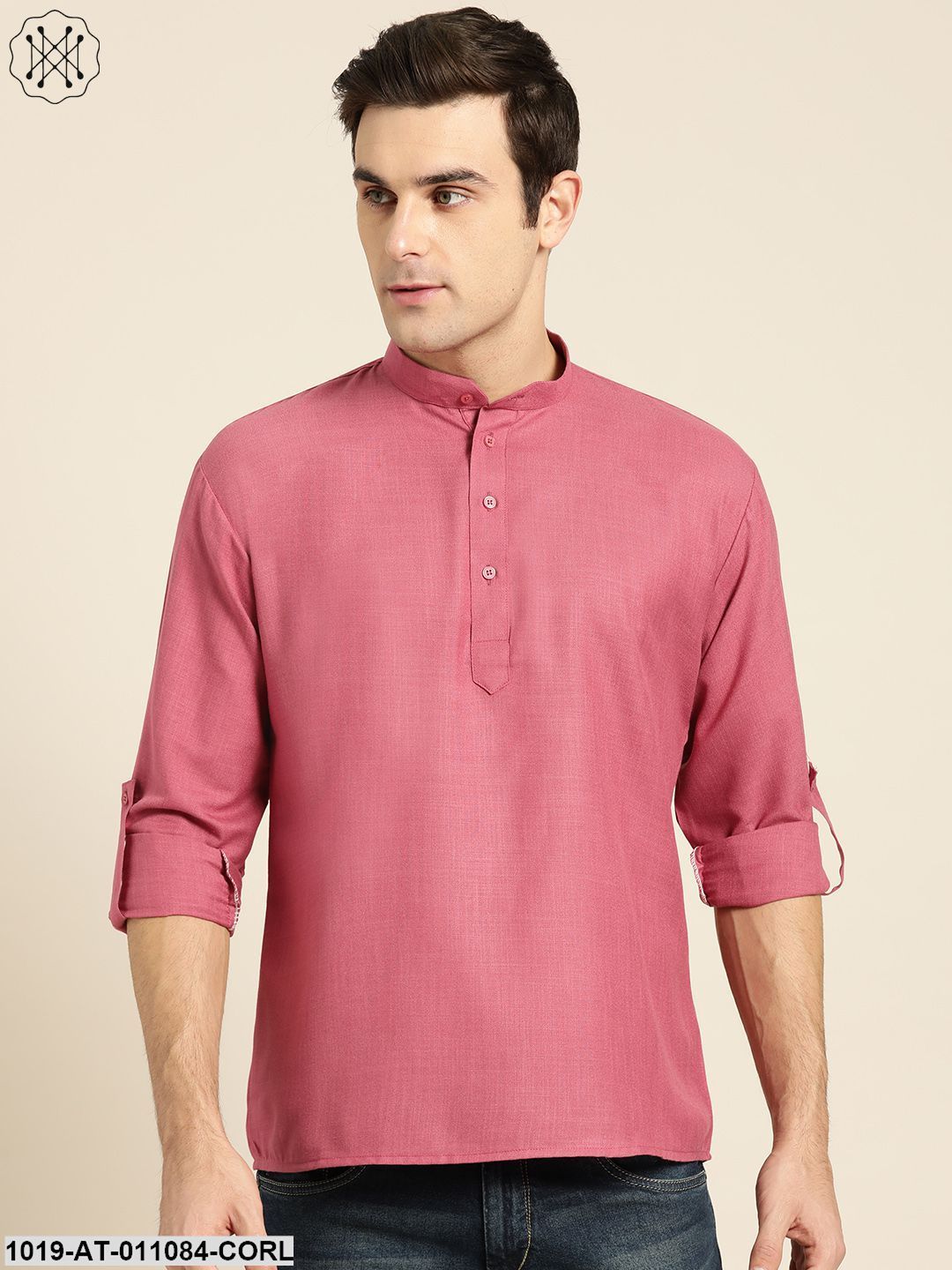 Men's Cotton Dark Coral Solid Short Kurta