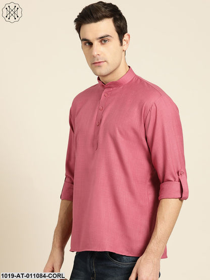 Men's Cotton Dark Coral Solid Short Kurta