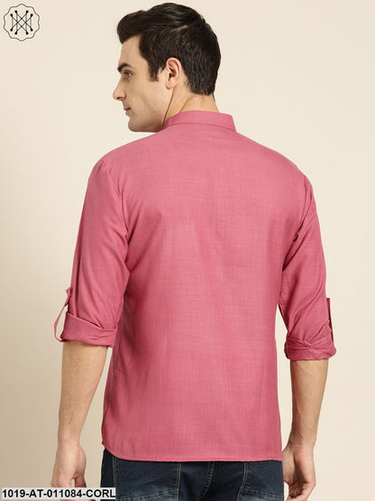 Men's Cotton Dark Coral Solid Short Kurta