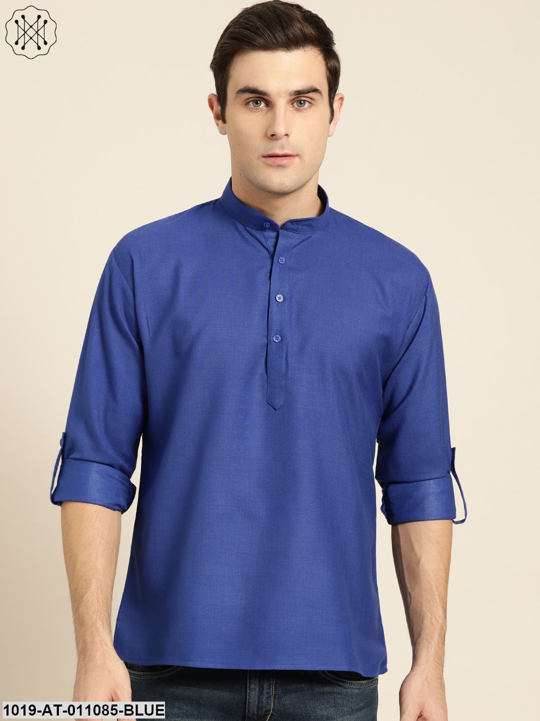 Men's Cotton Royal Blue Solid Short Kurta