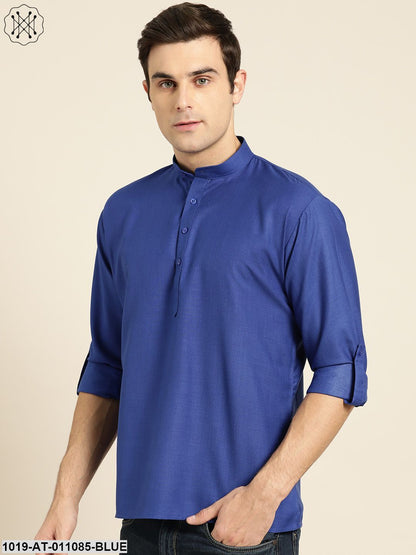 Men's Cotton Royal Blue Solid Short Kurta