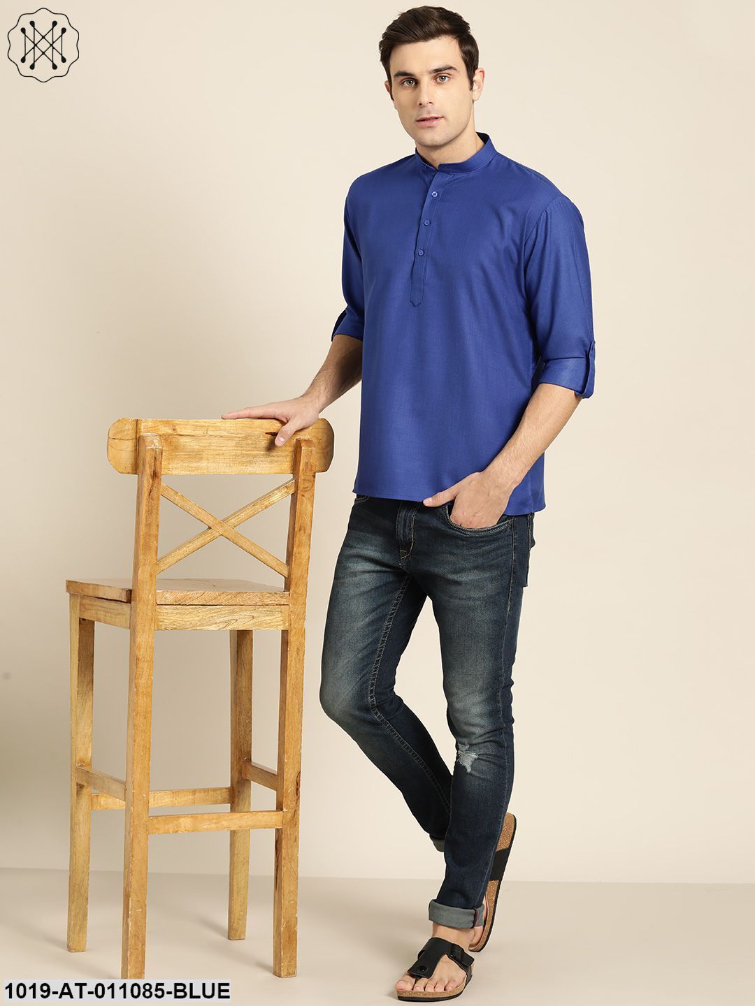 Men's Cotton Royal Blue Solid Short Kurta