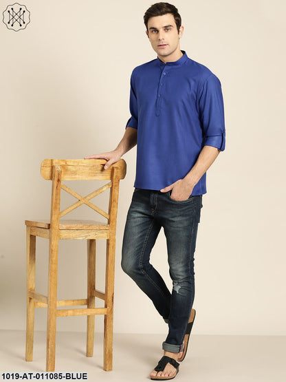 Men's Cotton Royal Blue Solid Short Kurta