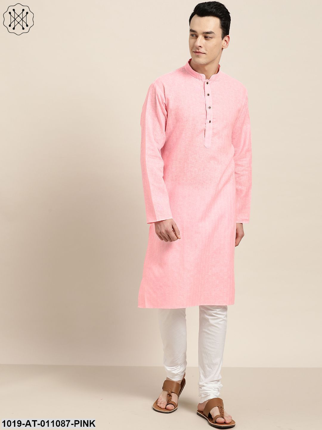 Men's Cotton Blend Pink Woven Design Only Long Kurta