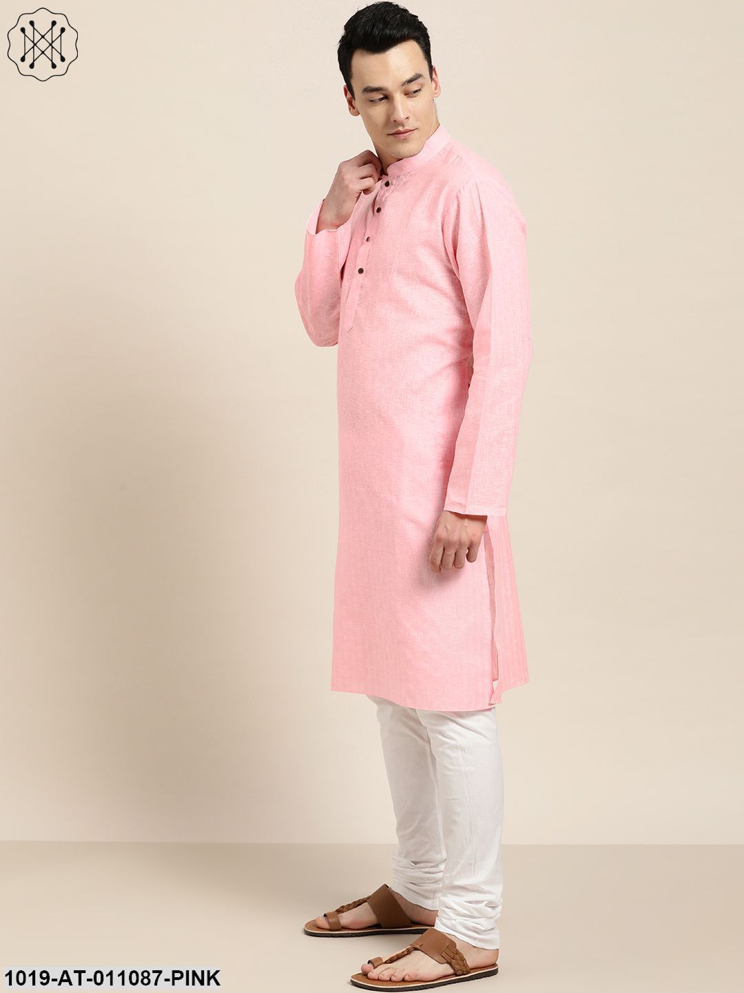 Men's Cotton Blend Pink Woven Design Only Long Kurta