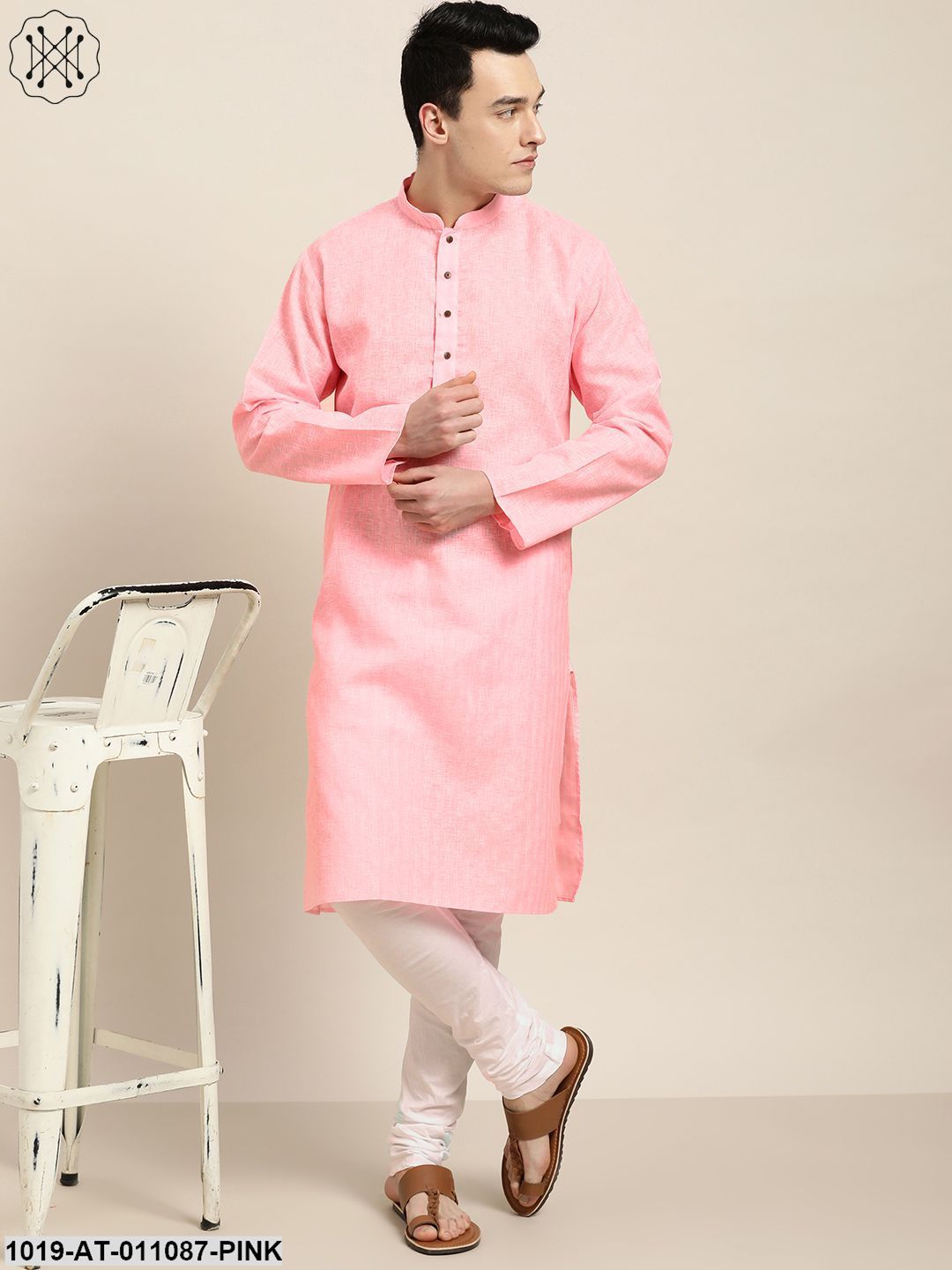 Men's Cotton Blend Pink Woven Design Only Long Kurta