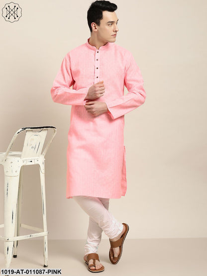 Men's Cotton Blend Pink Woven Design Only Long Kurta