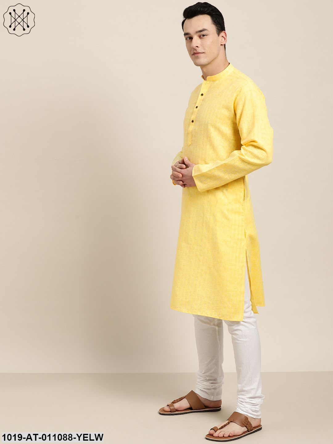 Men's Cotton Blend Yellow Woven Design Only Long Kurta