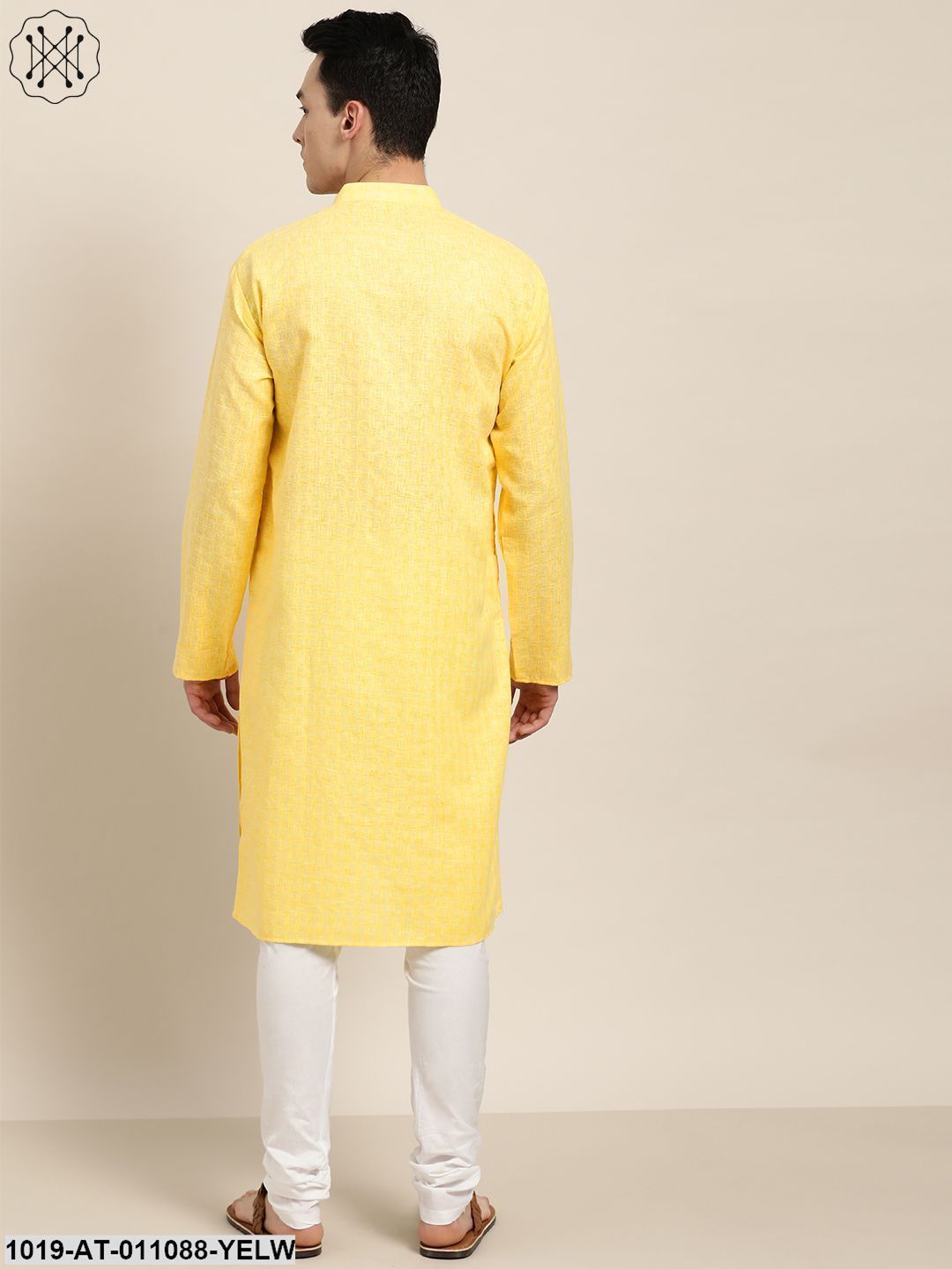 Men's Cotton Blend Yellow Woven Design Only Long Kurta