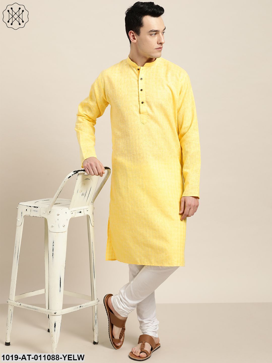 Men's Cotton Blend Yellow Woven Design Only Long Kurta