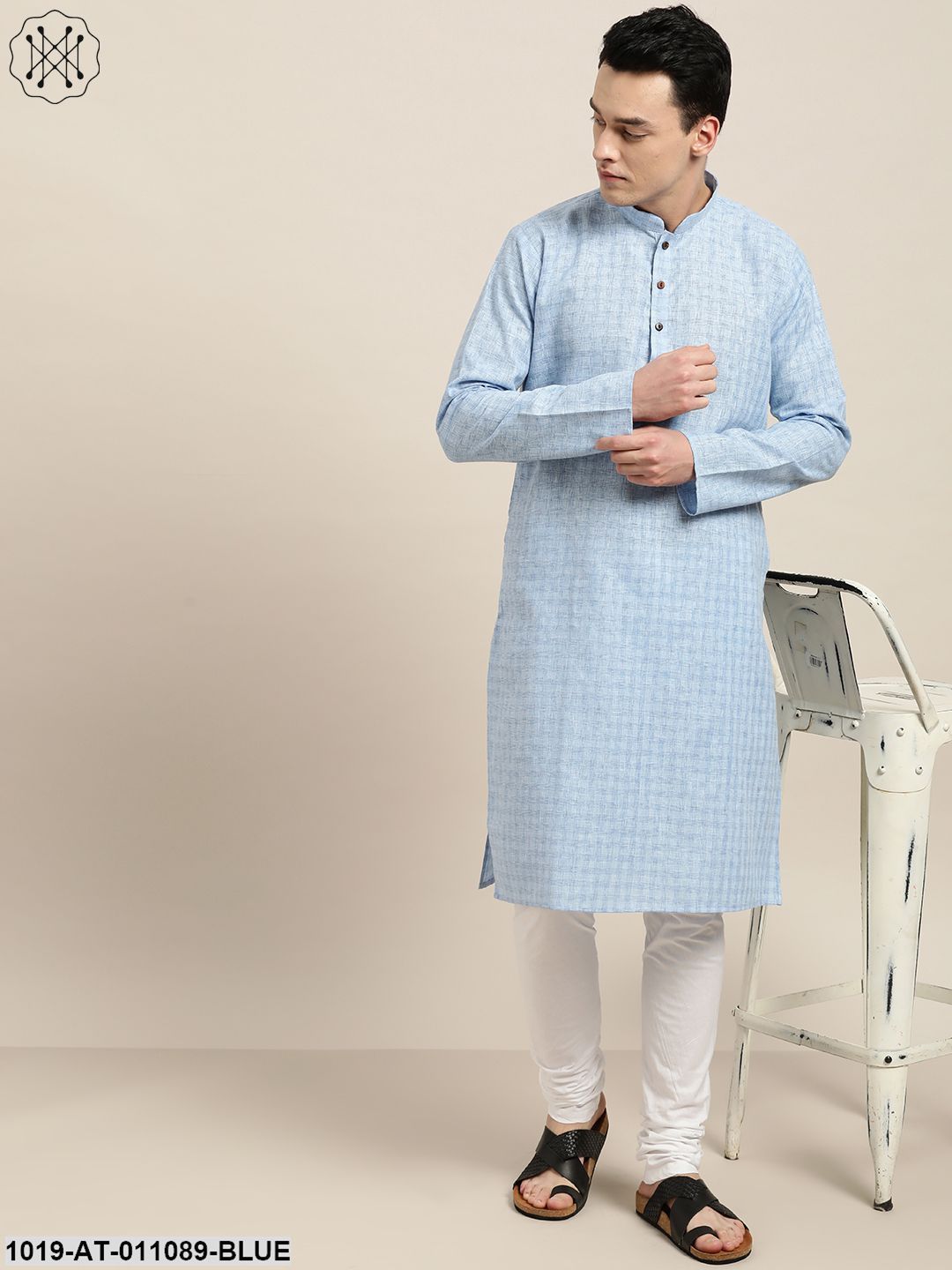 Men's Cotton Blend Blue Woven Design Only Long Kurta