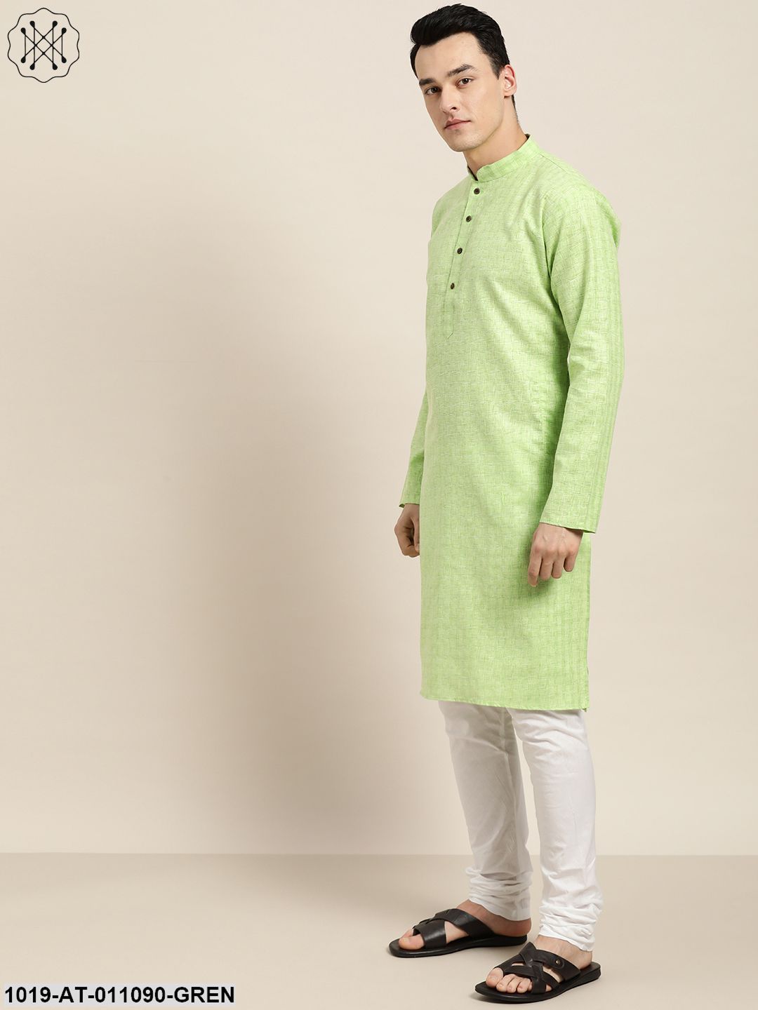 Men's Cotton Blend Green Woven Design Only Long Kurta