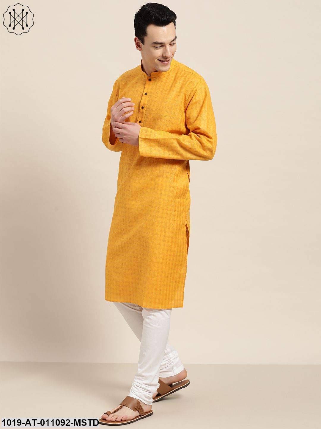 Men's Cotton Blend Mustard Woven Design Only Long Kurta