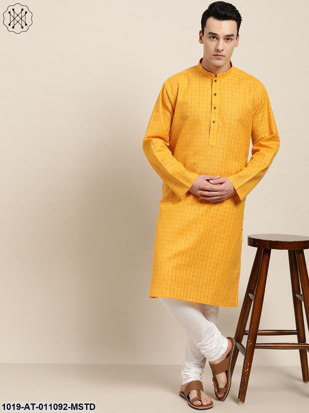 Men's Cotton Blend Mustard Woven Design Only Long Kurta