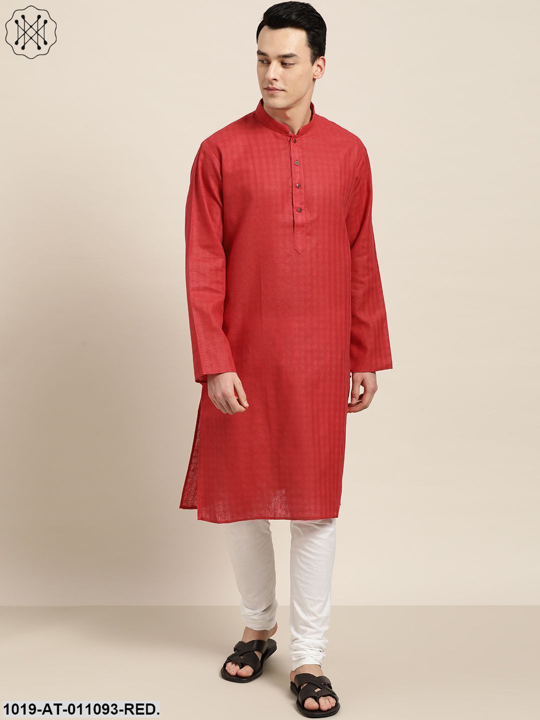 Men's Cotton Blend Red Woven Design Only Long Kurta