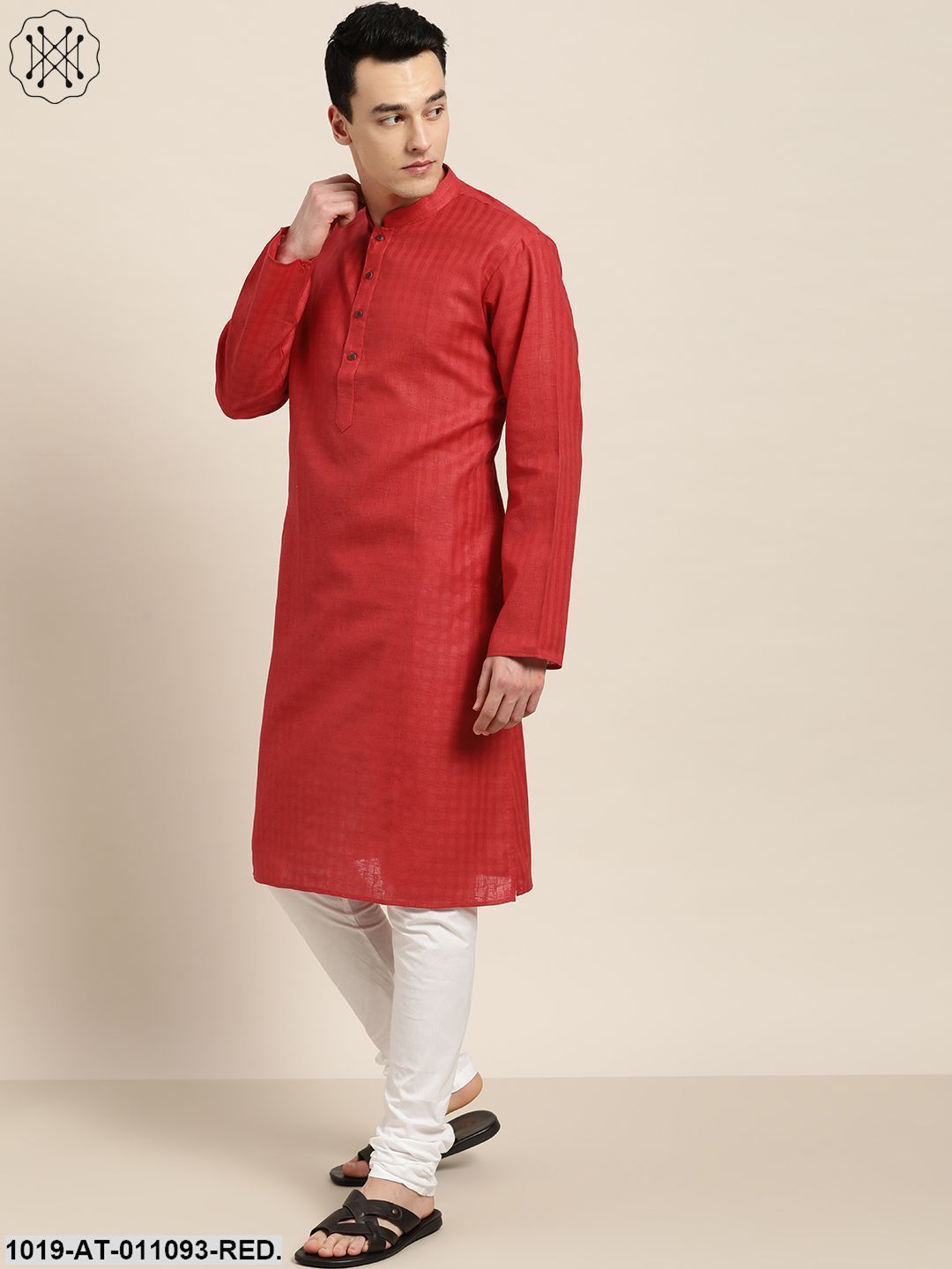 Men's Cotton Blend Red Woven Design Only Long Kurta