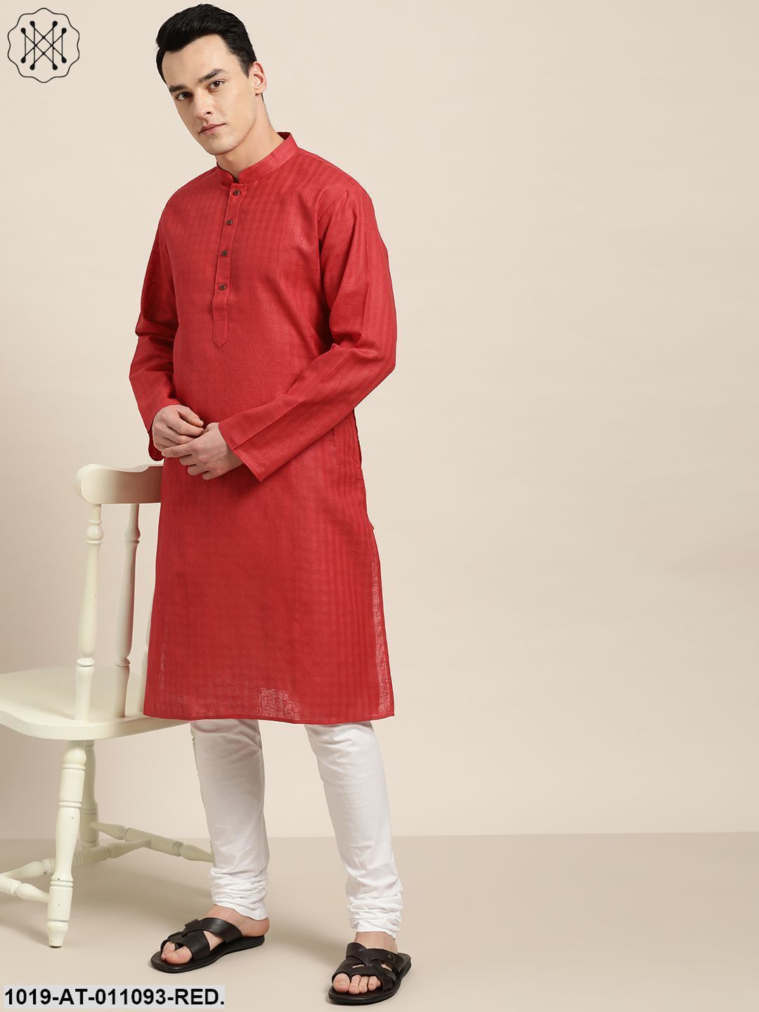 Men's Cotton Blend Red Woven Design Only Long Kurta