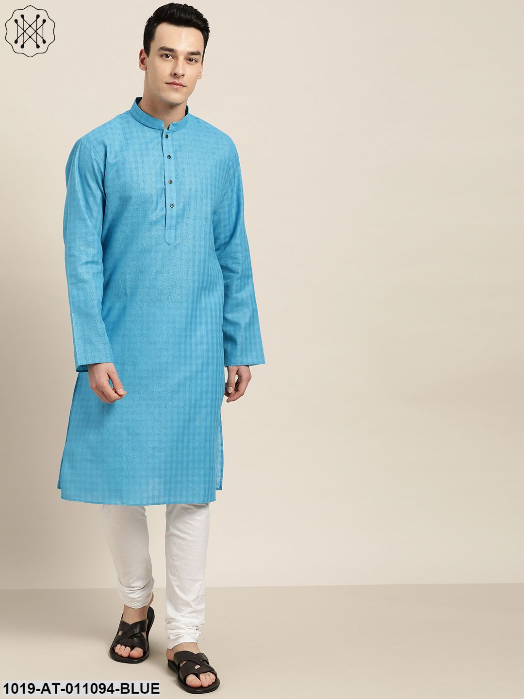 Men's Cotton Blend Peacock Blue Woven Design Only Long Kurta