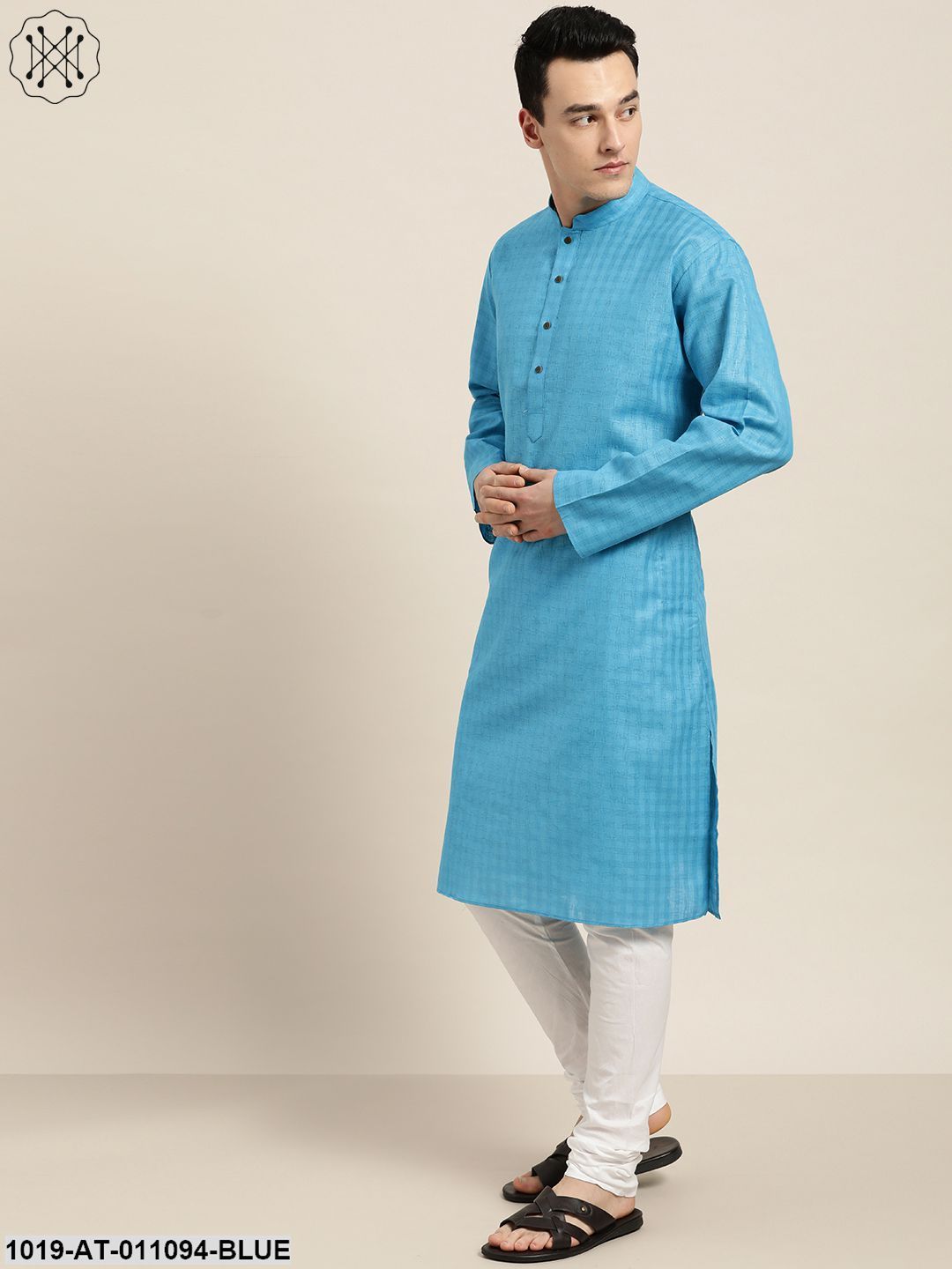 Men's Cotton Blend Peacock Blue Woven Design Only Long Kurta