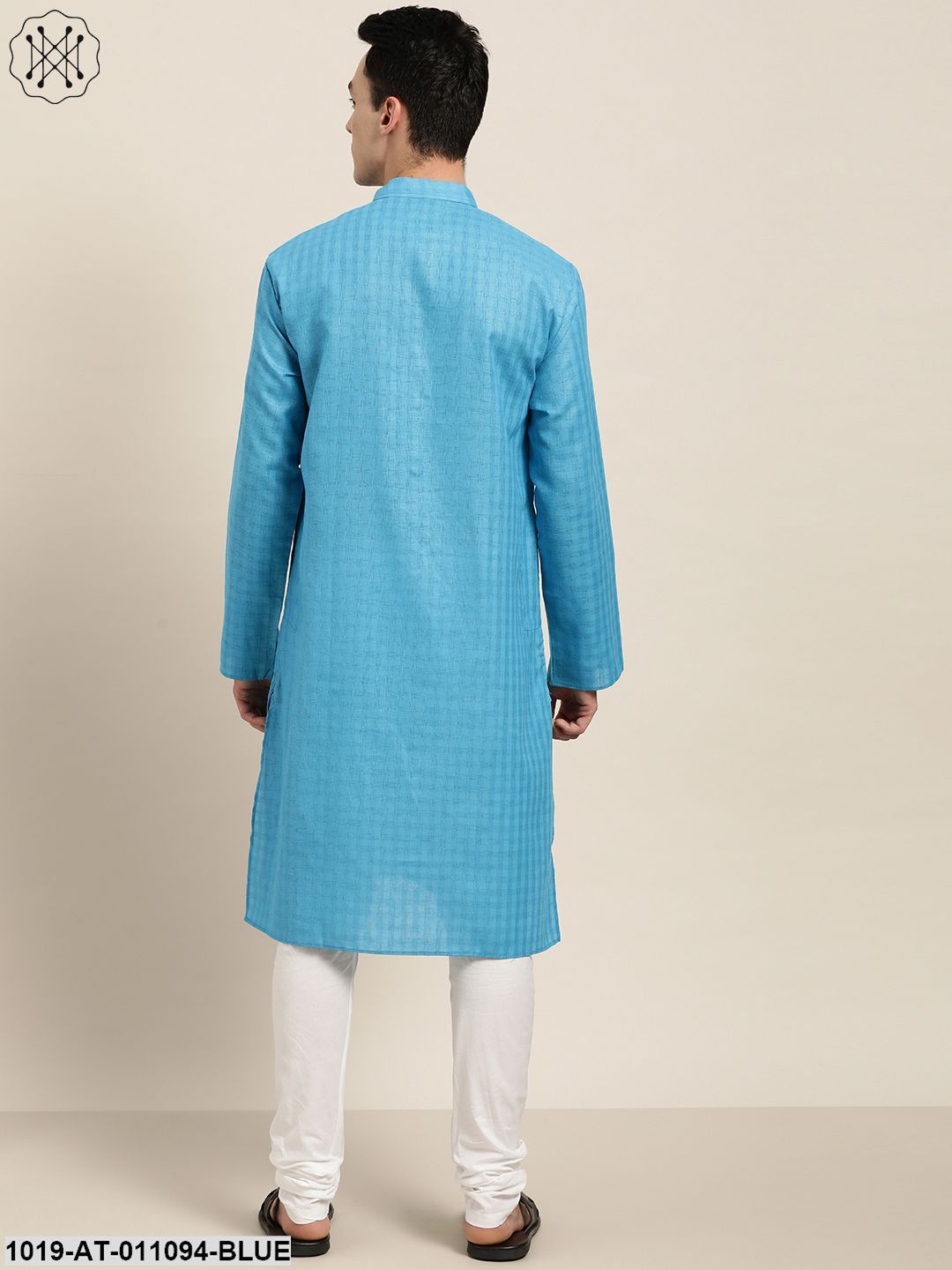 Men's Cotton Blend Peacock Blue Woven Design Only Long Kurta