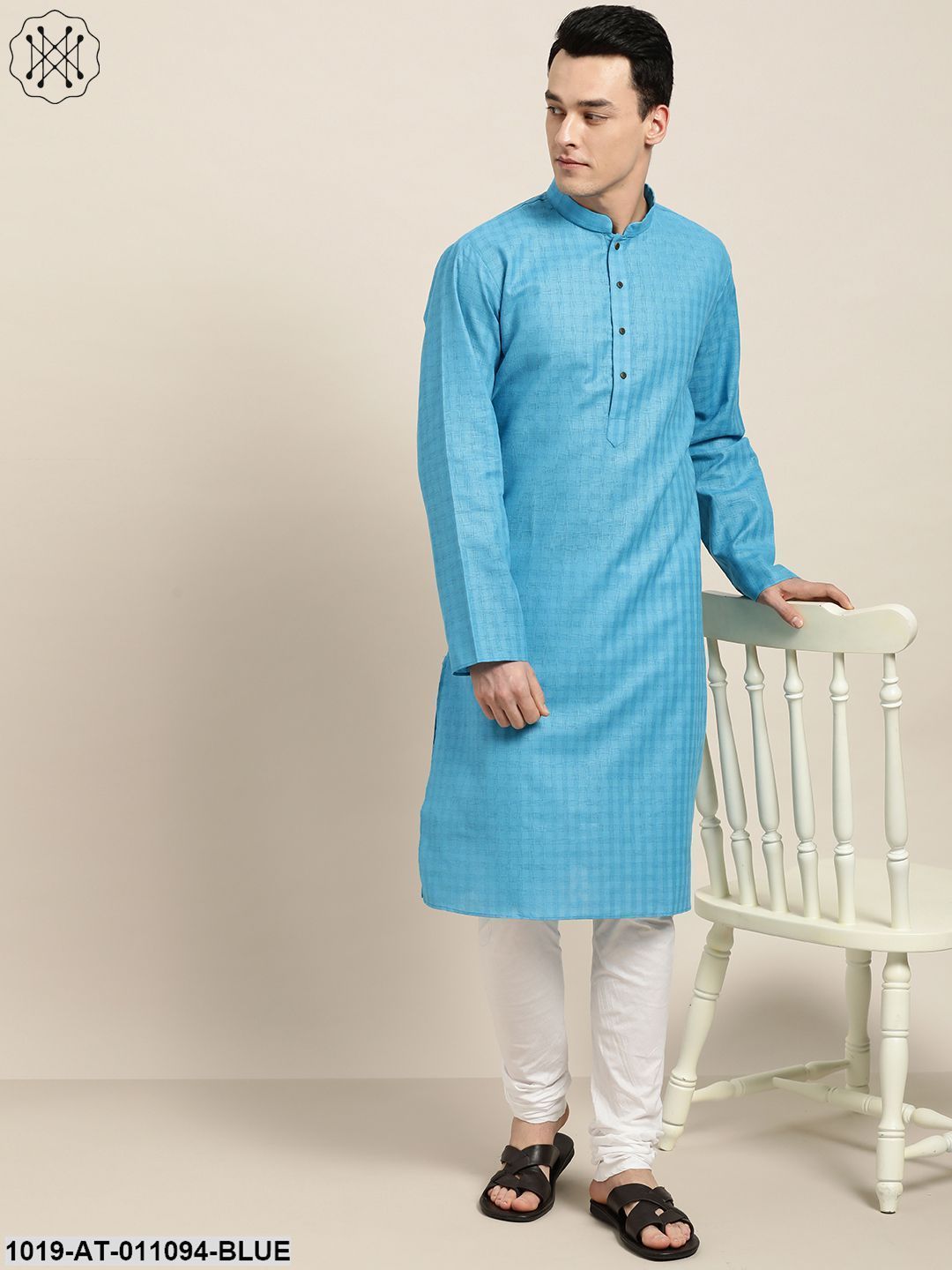 Men's Cotton Blend Peacock Blue Woven Design Only Long Kurta