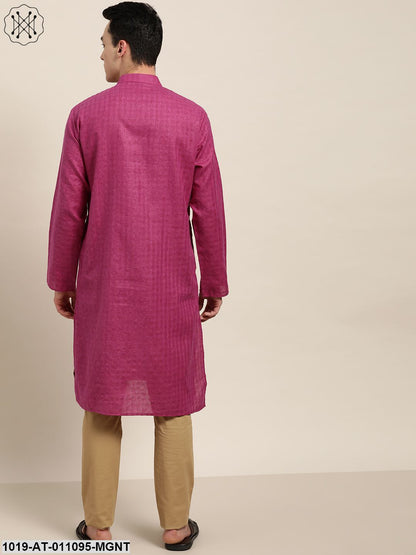 Men's Cotton Blend Magenta Woven Design Only Long Kurta