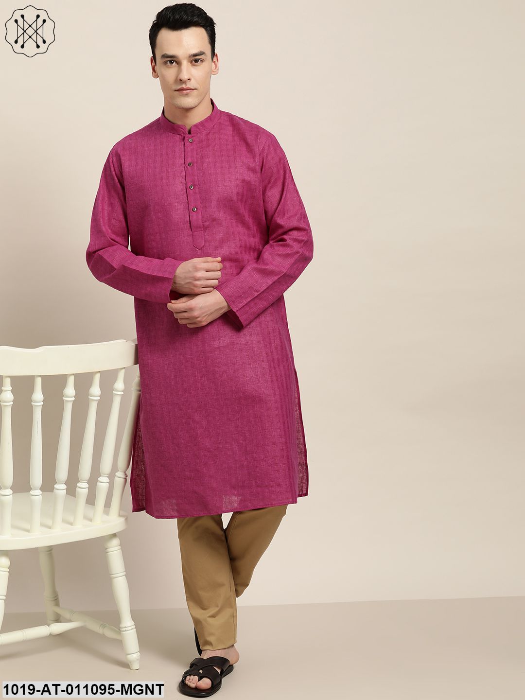 Men's Cotton Blend Magenta Woven Design Only Long Kurta