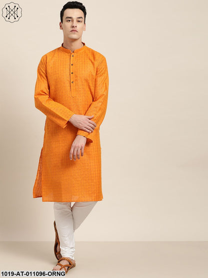 Men's Cotton Blend Orange Woven Design Only Long Kurta