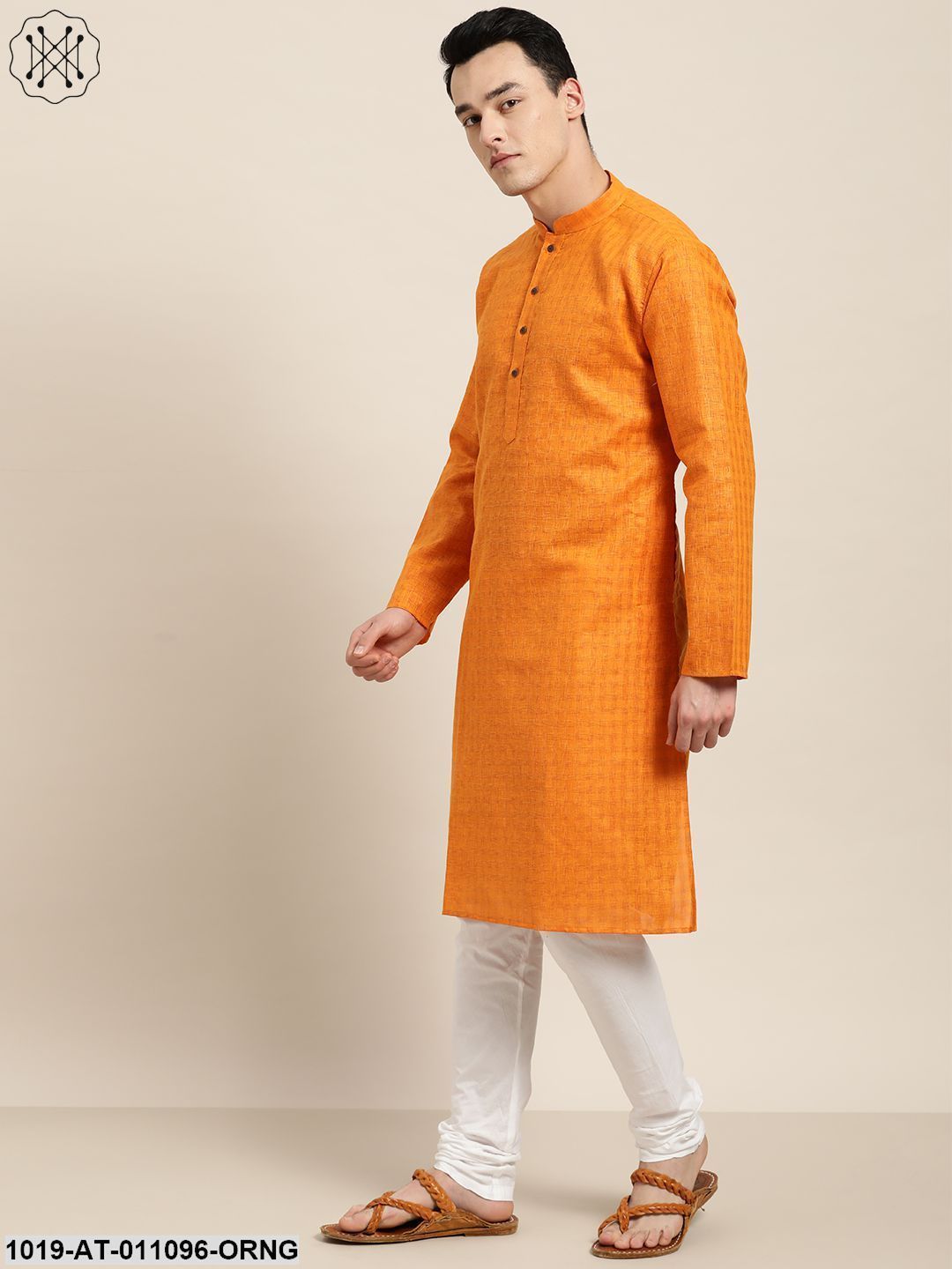 Men's Cotton Blend Orange Woven Design Only Long Kurta