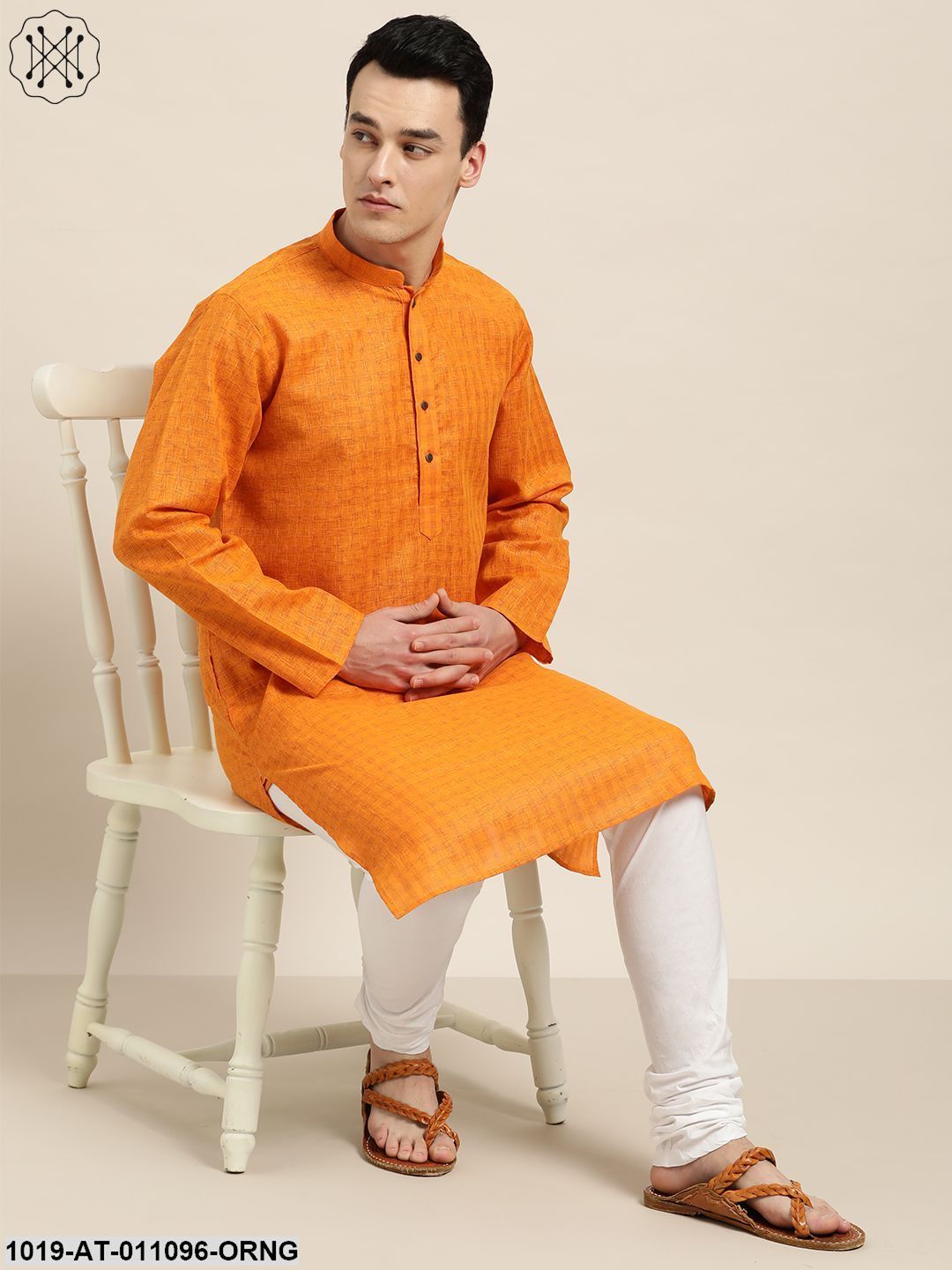 Men's Cotton Blend Orange Woven Design Only Long Kurta