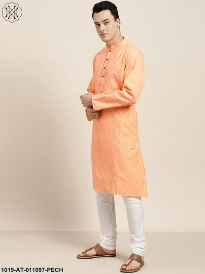 Men's Cotton Blend Peach Woven Design Only Long Kurta