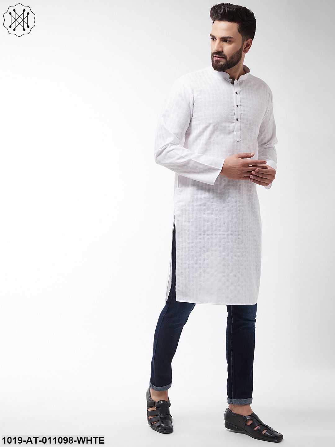 Men's Cotton Blend White Woven Design Only Long Kurta