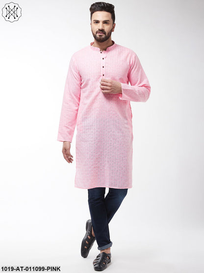 Men's Cotton Blend Pink Woven Design Only Long Kurta