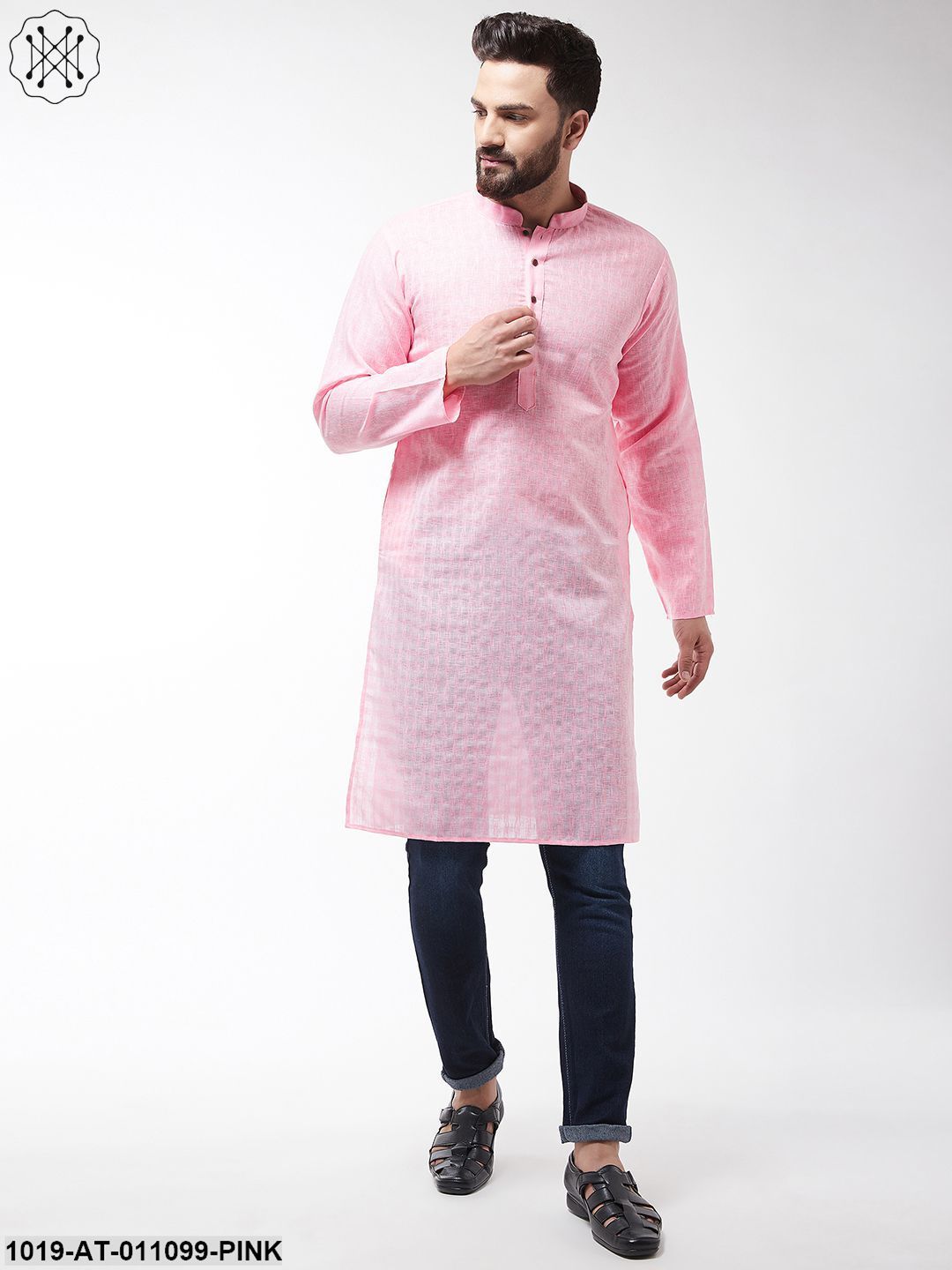 Men's Cotton Blend Pink Woven Design Only Long Kurta