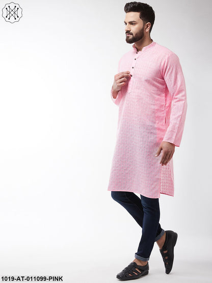 Men's Cotton Blend Pink Woven Design Only Long Kurta