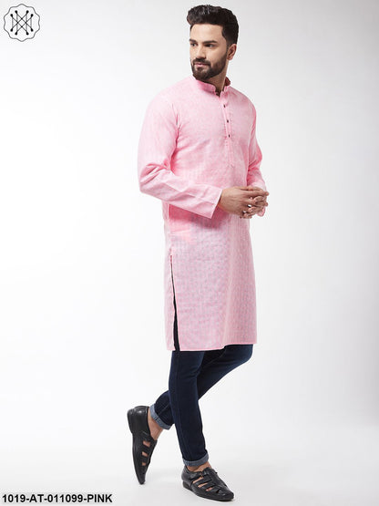 Men's Cotton Blend Pink Woven Design Only Long Kurta