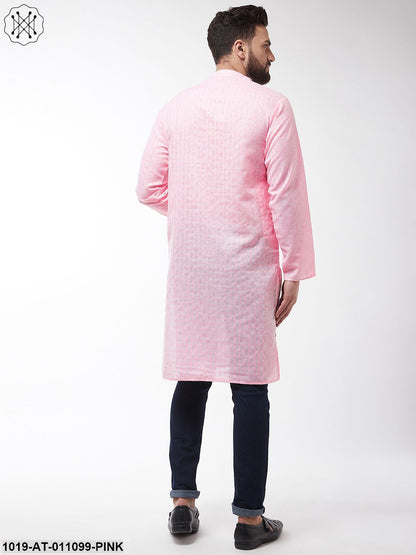 Men's Cotton Blend Pink Woven Design Only Long Kurta