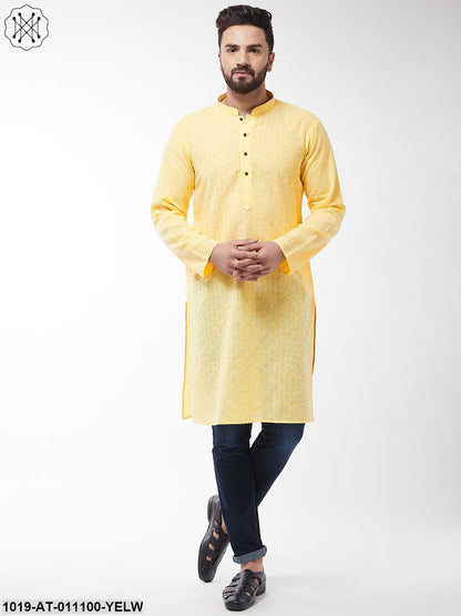 Men's Cotton Blend Yellow Woven Design Only Long Kurta