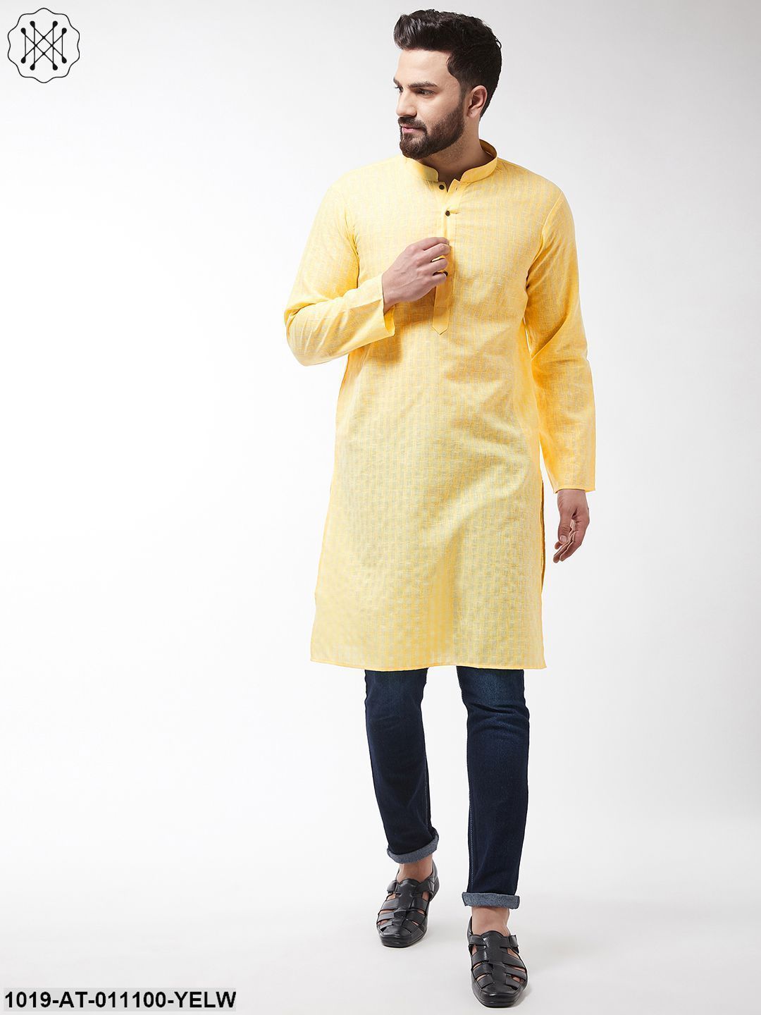 Men's Cotton Blend Yellow Woven Design Only Long Kurta